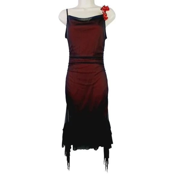 Ruby Rox VTG SZ S (4) Goth Black & Red Body Con Dress Floral Details At